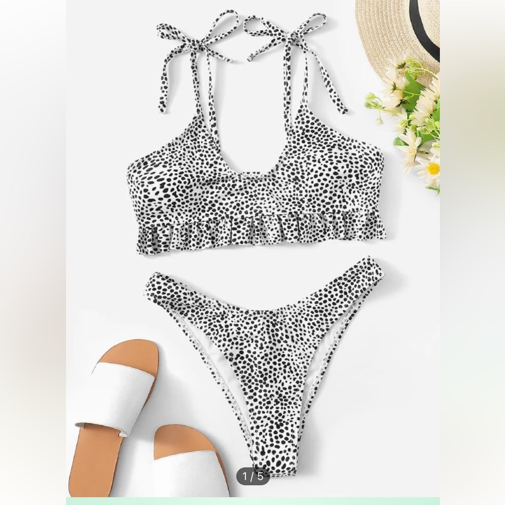SHEIN Dalmatian Print Ruffle High Cut Bikini Set